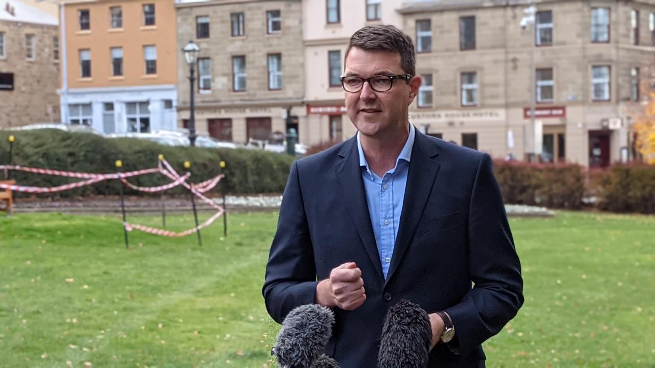 Labor's health spokesman Bastian Seidel speaks to the media on Parliament Lawns in Hobart on Wednesday, June 2, 2021.