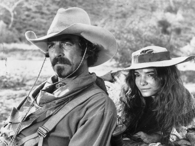 Actor Tom Selleck with Laura San Giacomo in a scene from TV program Quigley Down Under in 1990.