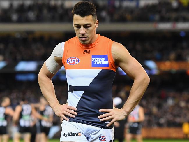 MELBOURNE, AUSTRALIA - SEPTEMBER 15:  Dylan Shiel of the Giants  looks dejected after losing the AFL Semi Final match between the Collingwood Magpies and the Greater Western Sydney Giants at Melbourne Cricket Ground on September 15, 2018 in Melbourne, Australia.  (Photo by Quinn Rooney/Getty Images)