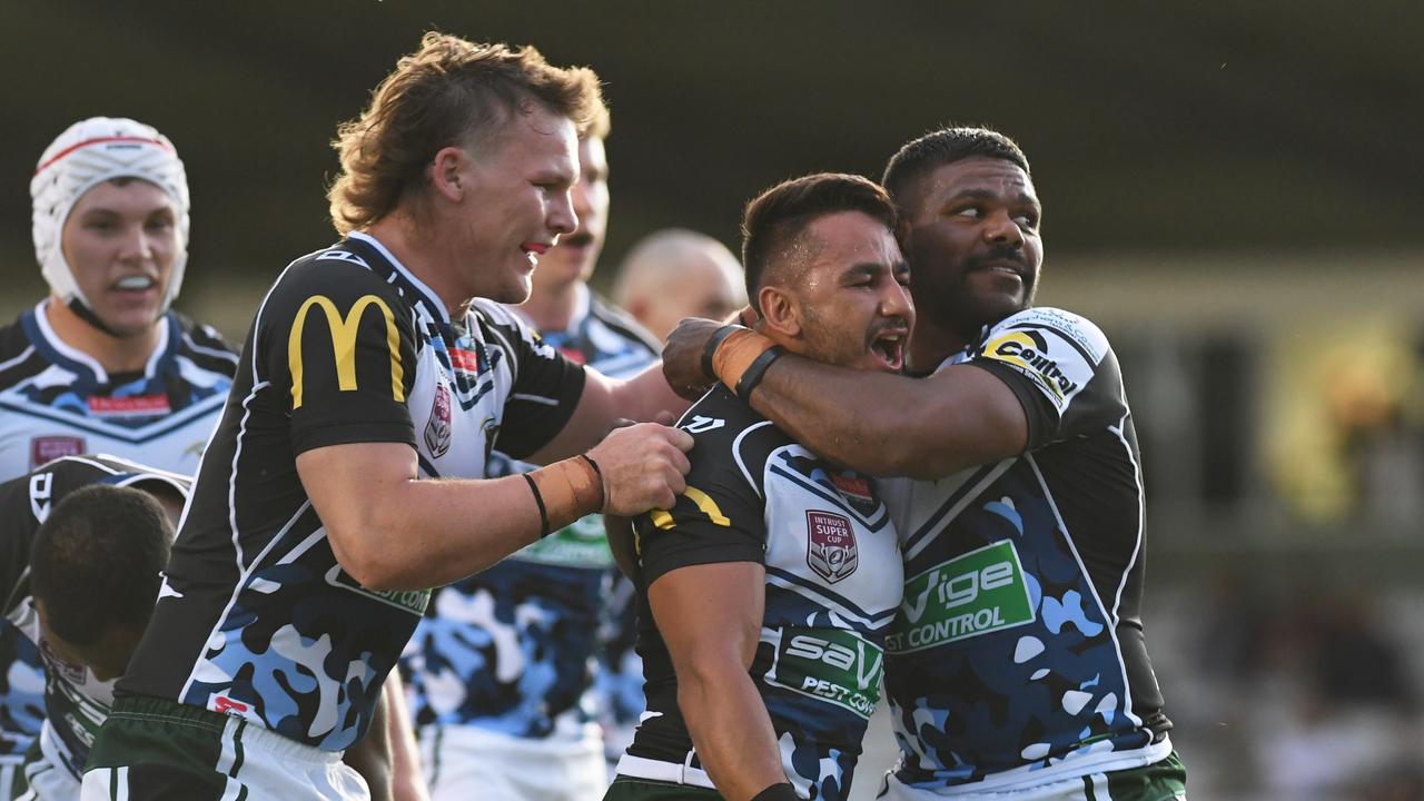 Ipswich Jets V Townsville Blackhawks Intrust Super Cup reugby league played at North Ipswich Reserve on Saturday. Jayden Connors celebrates scoring a try.