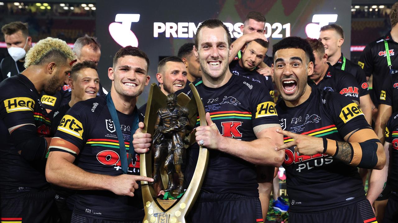 Nathan Cleary, Isaah Yeo and Tyrone May (R) with the premiership trophy. Picture: Adam Head