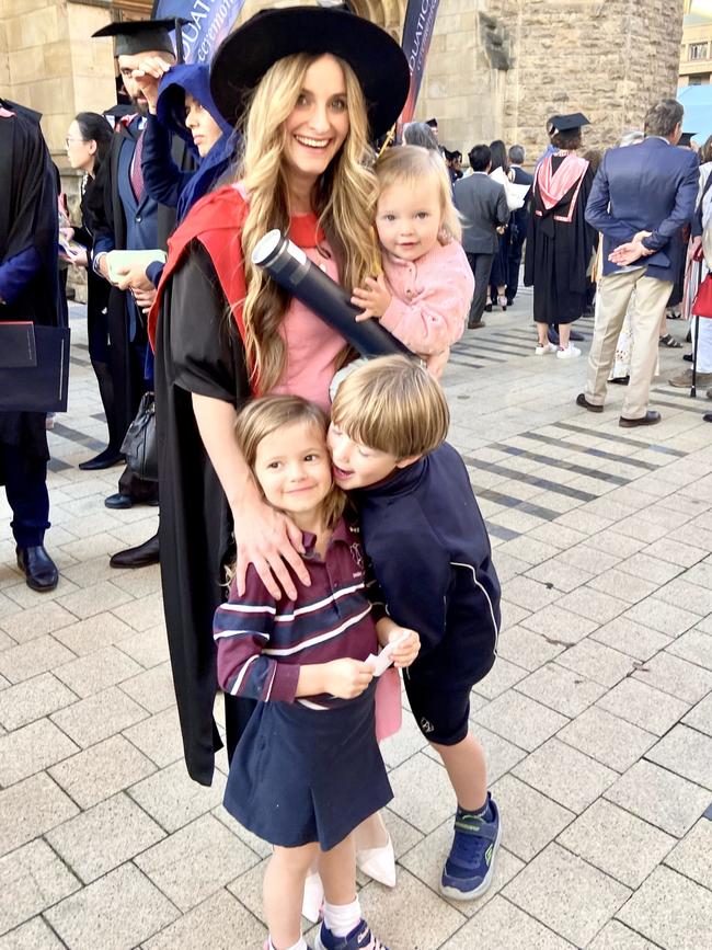 Claire Hoban at uni with the kids. Picture: Supplied