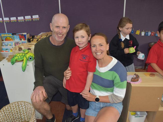 Ronan O'Sullivan, Flynn O'Sullivan and Melissa O'Sullivan at Mirboo North Primary School's first day of Grade Prep on Wednesday, January 29, 2025. Picture: Jack Colantuono