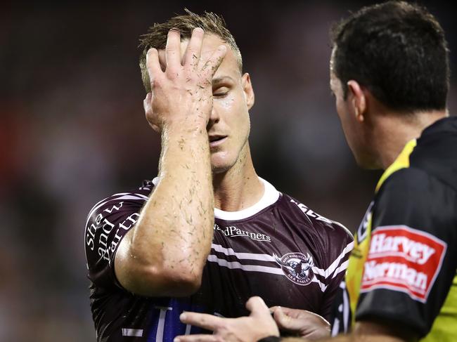 WOLLONGONG, AUSTRALIA - APRIL 20: Daly Cherry-Evans of the Sea Eagles reacts as he speaks to the referee during the round 6 NRL match between the Dragons and the Sea Eagles at WIN Stadium on April 20, 2019 in Wollongong, Australia. (Photo by Mark Kolbe/Getty Images)