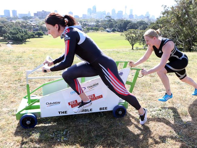 Pittmann (L) with fellow Olympian Astrid Radjenovic prepare for Sochi. Picture: Chris Pavlich.