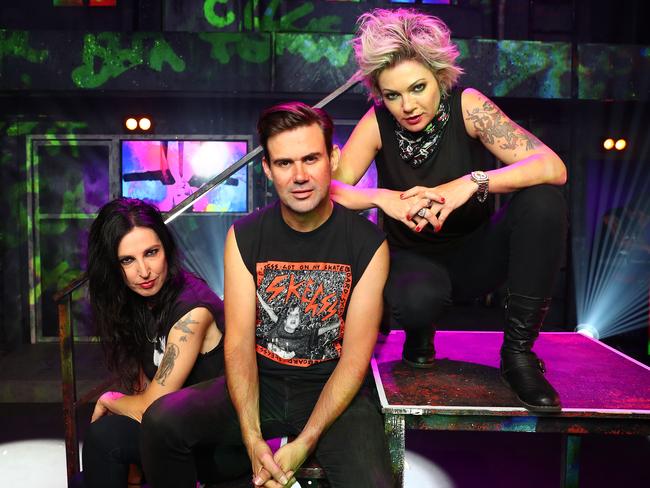 5/1/18: GrinspoonÕs Phil Jamieson and two of AustraliaÕs most-loved rock front women Sarah McLeod from the Superjesus (blonde) and Adalita from Magic Dirt at Fox Studio's in Sydney. The three singers share the central role of St Jimmy in different performances. John Feder/The Australian.