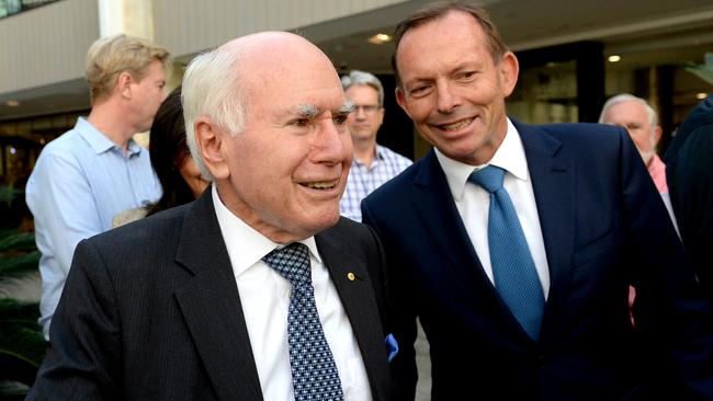 Former Bennelong MP and Australia’s second-longest serving PM John Howard with Tony Abbott on the hustings at Warringah Mall this week. (AAP Image/Jeremy Piper)