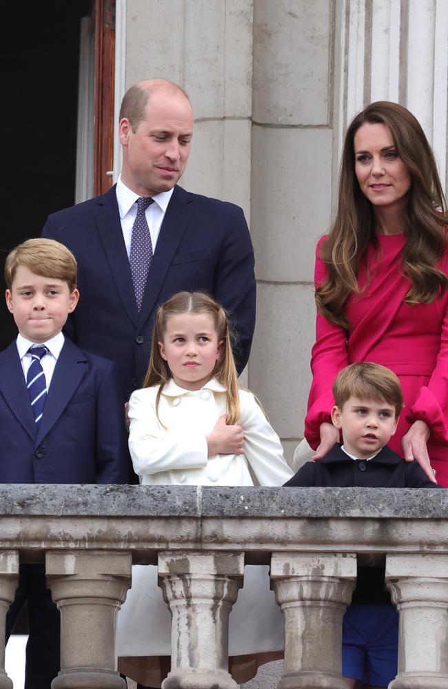 William, Kate, and their three kids on the Palace balcony during the Platinum Pageant. Picture: Chris Jackson - WPA Pool/Getty Images