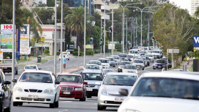 Traffic build up near traffic lights on Bundall Road, Bundall.