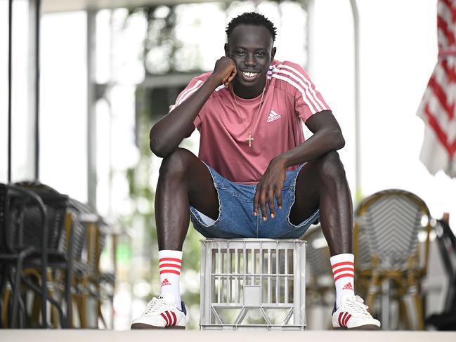 Teenage sprint running star Gout Gout near his home in Spring Mountain, Brisbane. Picture: Lyndon Mechielsen/Courier Mail