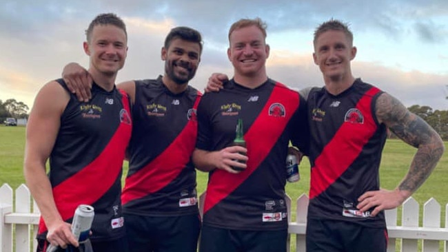 Hartlett (right) after his first Kingscote game. Picture: Kingscote Football Club