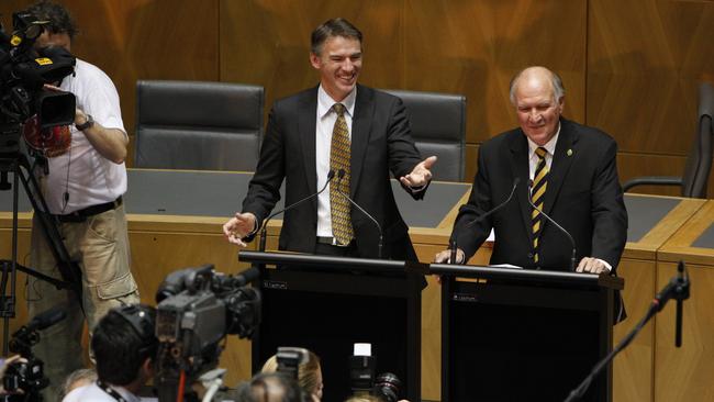 <i>That </i>speech... Rob Oakeshott and Tony Windsor at a joint press conference at Parliament House in 2010 announcing their support for Julia Gillard to form minority government.