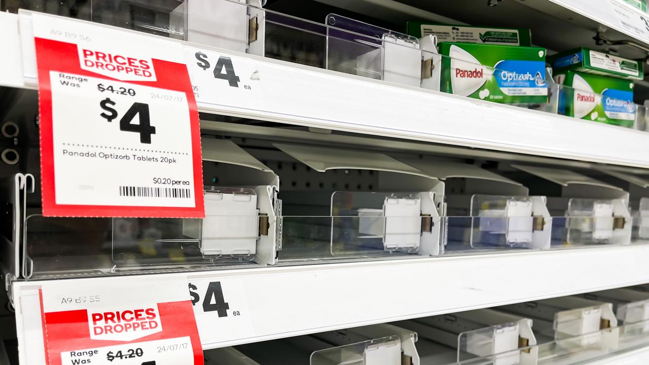 An empty shelf for Panadol left empty at Granville Woolworths, Sydney, as Covid cases rise across the country. Picture: Dylan Robinson