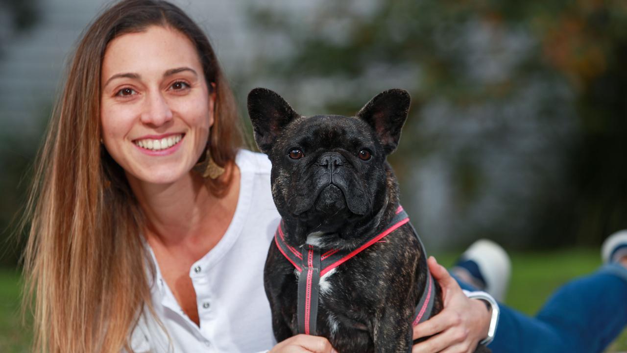 Embargoed for The Saturday TelegraphPetsisttars, Erika Munoz with French Bulldog, Maggie, in Rozelle, today.(The story is about pet sitting side hustles, people making regular income with pet jobs)Picture: Justin Lloyd.