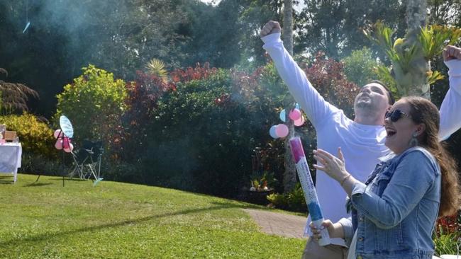 Lindsay and Simon Fernandez celebrate the gender reveal of their third triplet with family at Lake Tinaroo. Picture: Instagram