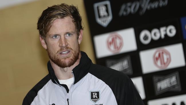 Port Adelaide captain Tom Jonas speaks to the media on Friday. Picture: Sarah Reed