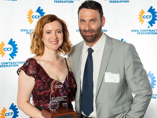 Civil Contractors Federation Women in Civil award winner Carly Zanini with Gallagher business development manager Tom De Santis. Supplied by Civil Contractors Federation.