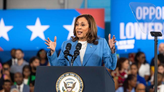 Kamala Harris speaks on her policy platform, including improving the cost of living for all Americans, at the Hendrick Center For Automotive Excellence in Raleigh, North Carolina. Picture: AFP