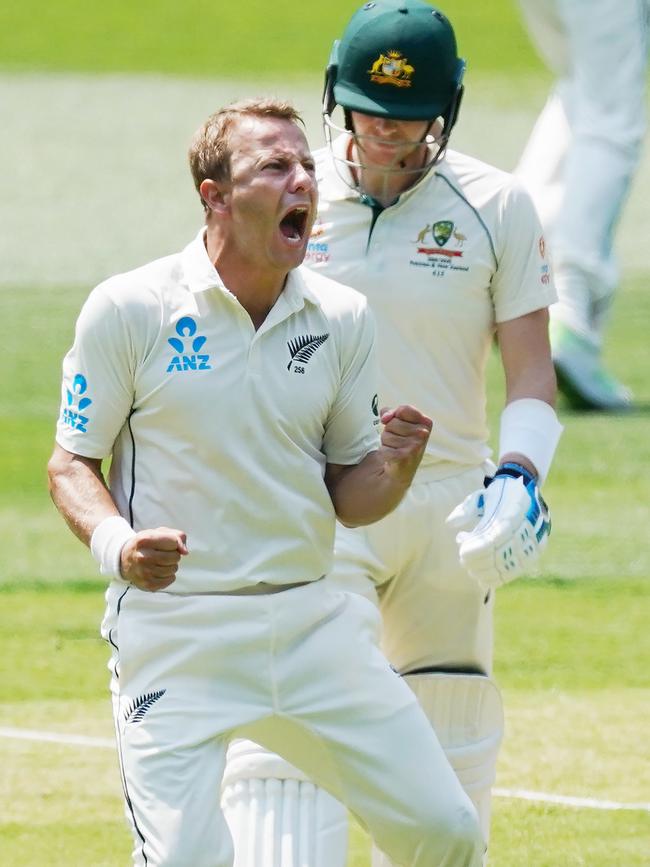 Neil Wagner celebrates snaring Steve Smith at the MCG. Picture: AAP/Michael Dodge