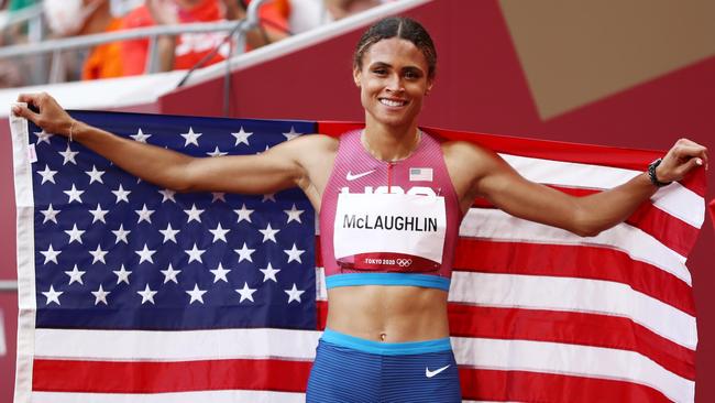 TOKYO, JAPAN - AUGUST 04: Gold medalist Sydney McLaughlin of Team United States celebrates after competing in the Women's 400m Hurdles Final on day twelve of the Tokyo 2020 Olympic Games at Olympic Stadium on August 04, 2021 in Tokyo, Japan. (Photo by Ryan Pierse/Getty Images)