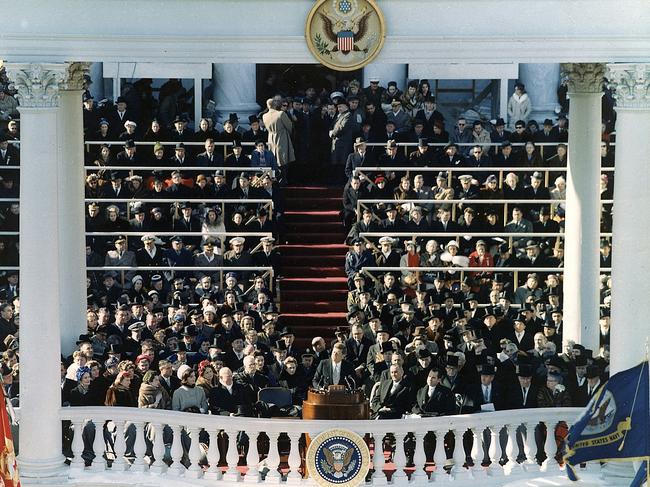 John F Kennedy makes his address as he’s inaugurated as the 35th President of the United States on January 20, 1961. Picture: US Army Signal Corps photograph in the John Fitzgerald Kennedy Library, Boston