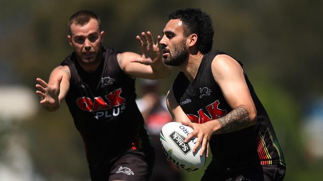 Tyrone May (right) training with the Panthers on November 13. Picture: Brett Costello