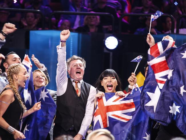 Artist Dami Im and the creative director and then head of delegation for the Australian team Paul Clarke at the 2016 Eurovision Song Contest. Picture: SBS