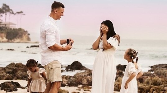 Canberra Raiders player Jack Wighton proposing to partner Monisha in Batemans Bay. Picture: Instagram