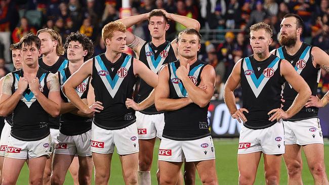 ADELAIDE, AUSTRALIA - MAY 02: Port Players after the loss during the 2024 AFL Round 08 match between the Adelaide Crows and the Port Adelaide Power at Adelaide Oval on May 02, 2024 in Adelaide, Australia. (Photo by Sarah Reed/AFL Photos via Getty Images)