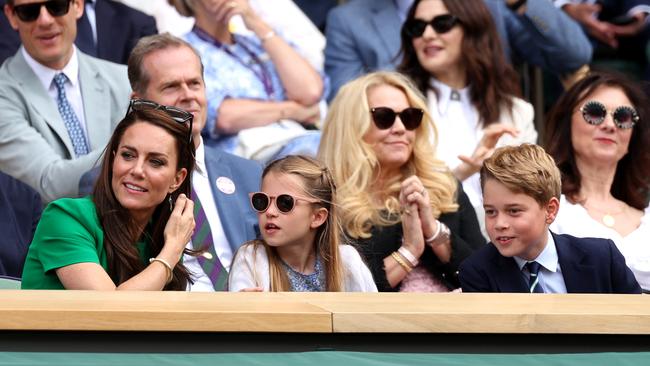 Catherine, Princess of Wales, Princess Charlotte of Wales and Prince George of Wales are seen in the Royal Box during the Men's Singles Final between Novak Djokovic of Serbia and Carlos Alcaraz of Spain.