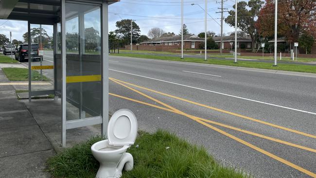 Only in Frankston: Tired of a serial crapper taking a dump at this Cranbourne Rd bus stop an innovative local has provided a toilet. Picture; Lucy Callander