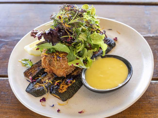 UOS cafe review - Putia Pure Food Kitchen at Banyo.    Dish: herbaceous fish cakes. Pic Mark Cranitch.