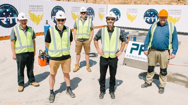 At the Helidon Rocket Test Site (from left) Professor David Buttsworth from Thermofluids Engineering, Dr Fabian Zander, USQ Senior Research Fellow, Byrenn Birch, USQ School of Mechanical Engineering, Professor Peter Schubel, Executive Director, USQ's Institute for Advanced Engineering and Space Sciences and Nick Green from PFI Aerospace.