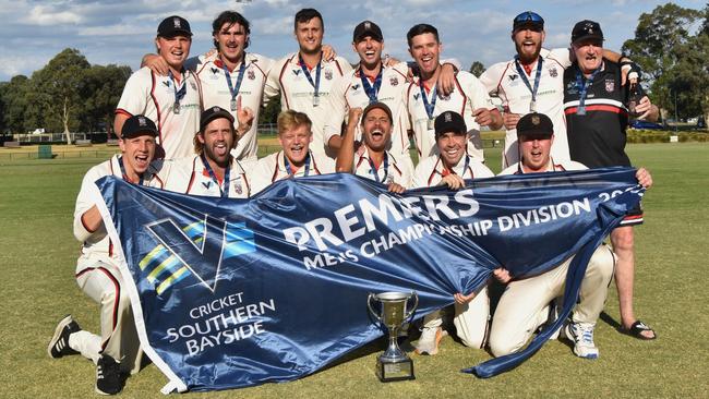 South Caulfield shows off its 2023-24 CSB Championship division flag and premiership cup. Picture: Ron Weil