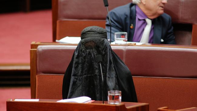 Senator Pauline Hanson wearing a burka in the senate. Picture: Gary Ramage