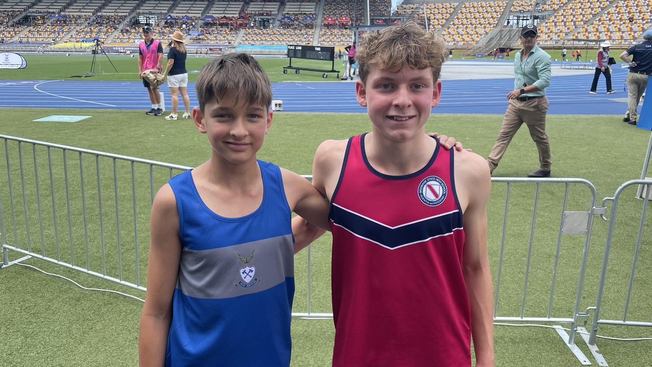 Sam Short, BSHS, right, won his second sprint of the day - pictured is Charles Lopes, third in the 12 years, 100m.