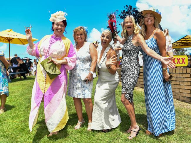 Ballina ladies Patty Gates, Deb Stewart, Trish Hammond and Sally Clarke at the 2023 Ballina Cup races. Picture: Cath Piltz