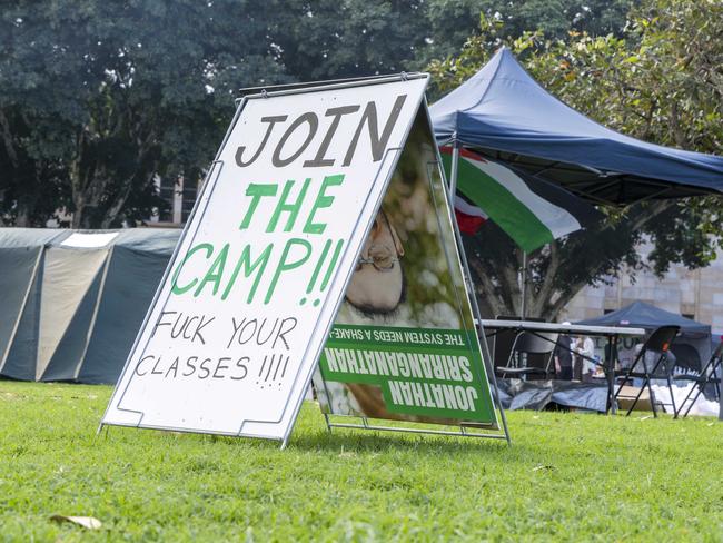 Pro-Palestine supporters and Jewish students have established separate campsites at the University of Queensland. Picture: Richard Walker