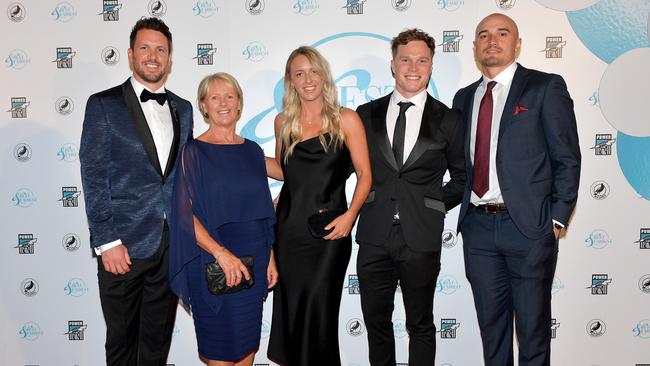 Travis Boak with his mother Chicki Boak and sister Cassie Boak and Anthony Biemans and Sam Powell-Pepper on the red carpet at Port Adelaide’s Best and Fairest awards night in 2019.Picture Mark Brake