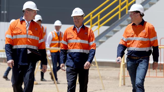 SA Energy and Mining Minister Dan van Holst Pellekaan, Federal Energy and Emissions Reduction Minister Angus Taylor and AGL chief executive Brett Redman at Barker Inlet Power Station. Picture: AAP/Kelly Barnes