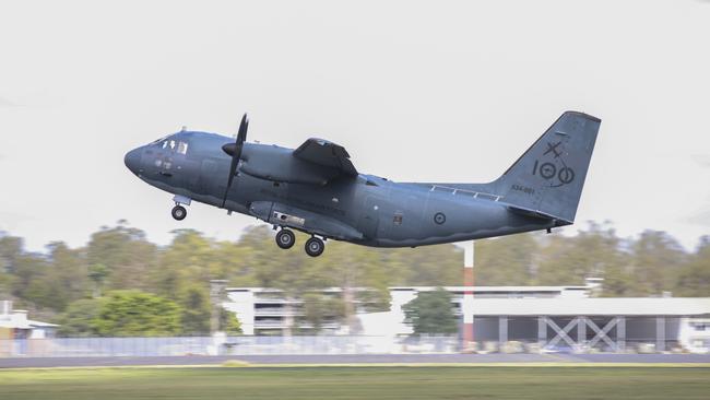 A No.35Sqn C-27J Spartan departs RAAF Base Amberley loaded with pallets for delivery to Papua New Guinea. Picture: Andrew Eddie