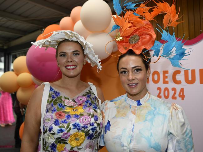 The Ladbrokes 2024 Moe Cup is held at Moe Horse Racing Club, Moe Victoria, Friday 18th October 2024. Racegoers Milly and Hayleigh enjoying the races.Picture: Andrew Batsch