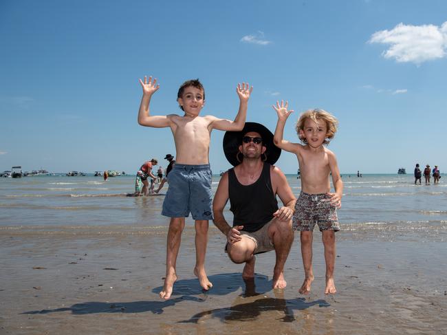 Jared Edwards, Jye Edwards and Jesse Edwards at the Darwin Beer Can Regatta at Mindil Beach, 2024. Picture: Pema Tamang Pakhrin