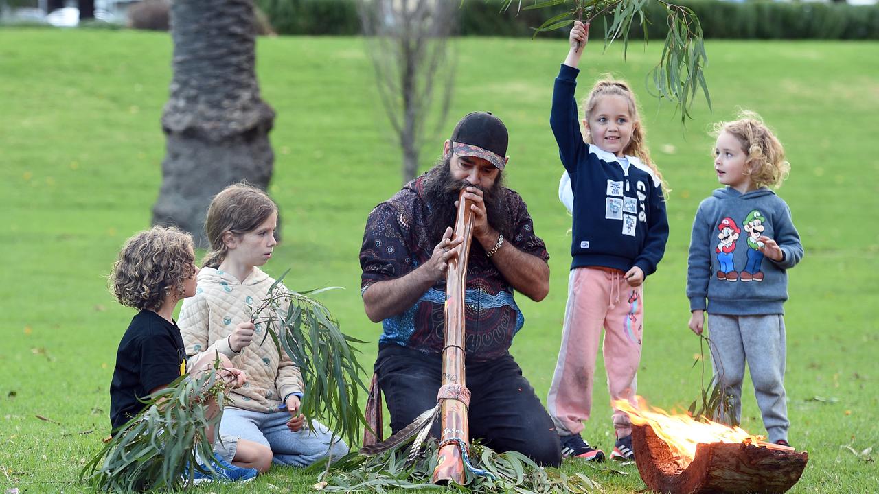 Norm, a Kurnai, Wotjabaluk man, at before a Reconciliation ceremony at Johnston Park with Mischa and Luka McHugh and Nakia Stanley, Djalu Stanley.