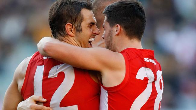 Josh Kennedy and Nic Newman celebrate a goal against Richmond. Picture: Getty Images