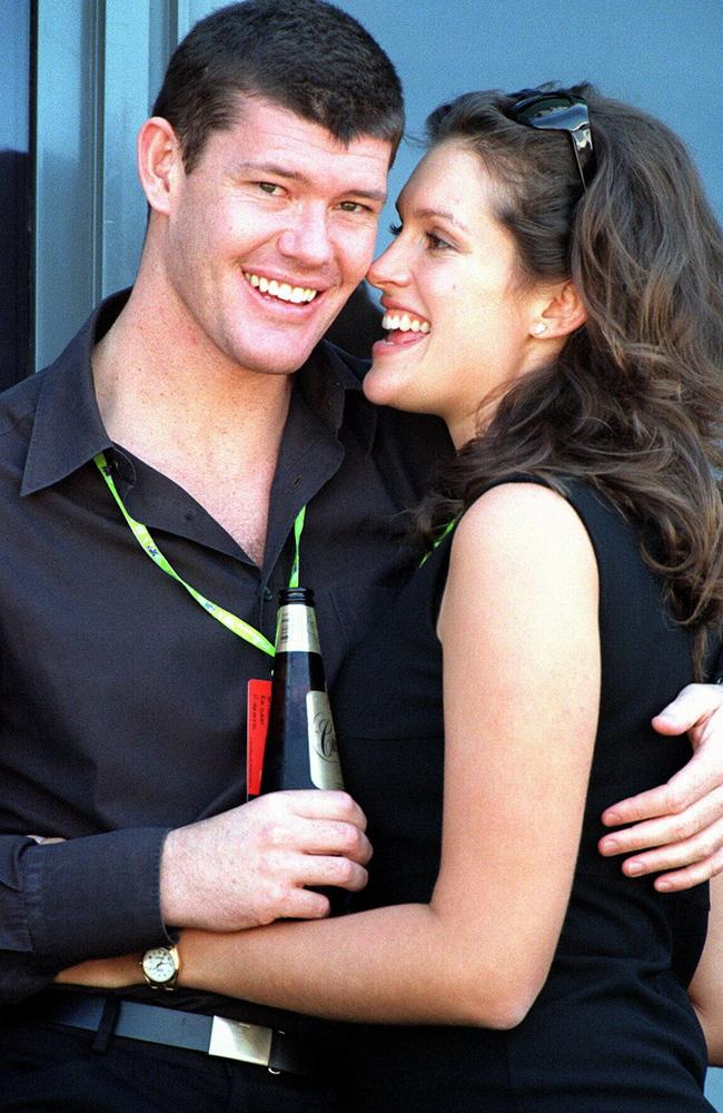 James Packer with then fiancee Kate Fischer at 1998 Australian Grand Prix. Picture: Supplied.