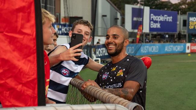 Touk Miller snaps a selfie at the Gold Coast Suns vs Geelong Cats Round 10 AFL match at TIO Stadium. Picture: Pema Tamang Pakhrin