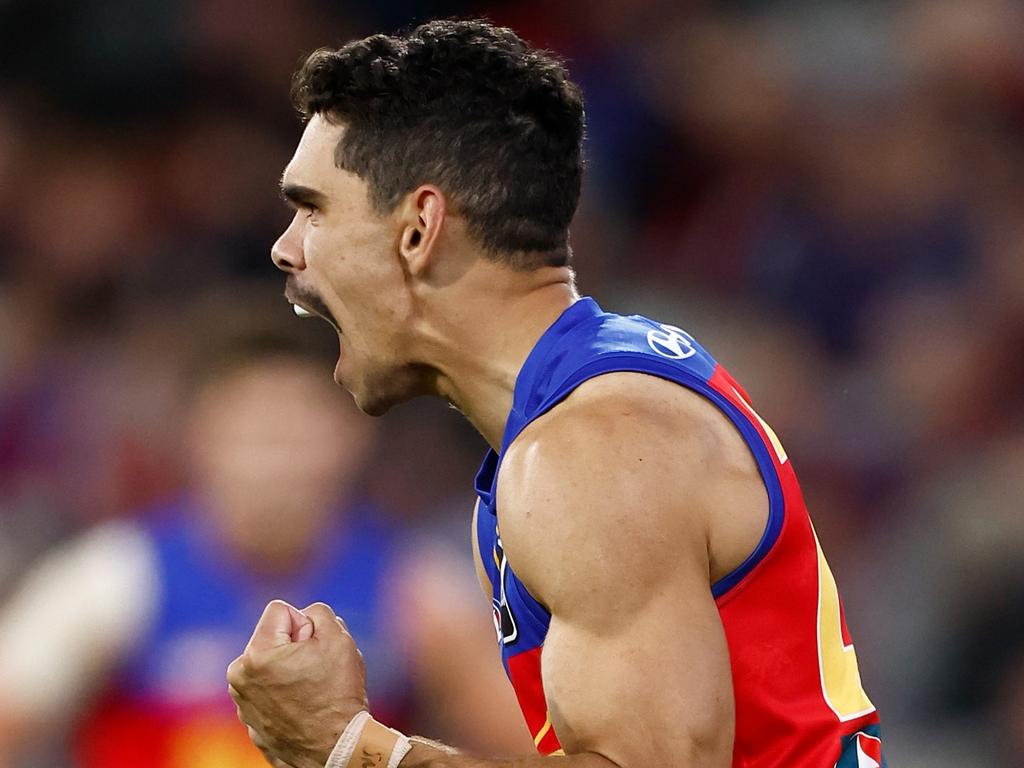 MELBOURNE, AUSTRALIA – APRIL 11: Charlie Cameron of the Lions celebrates a goal during the 2024 AFL Round 05 match between the Melbourne Demons and the Brisbane Lions at the Melbourne Cricket Ground on April 11, 2024 in Melbourne, Australia. (Photo by Michael Willson/AFL Photos via Getty Images)