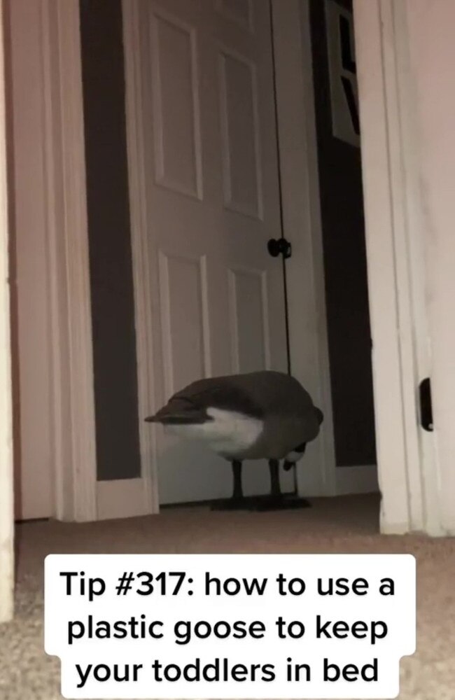 A mum has revealed how she uses a plastic goose to keep her toddler from coming out of his room at night.