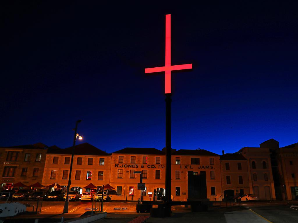 One of the red crosses on the Hobart waterfront for Dark Mofo. Picture: SAM ROSEWARNE